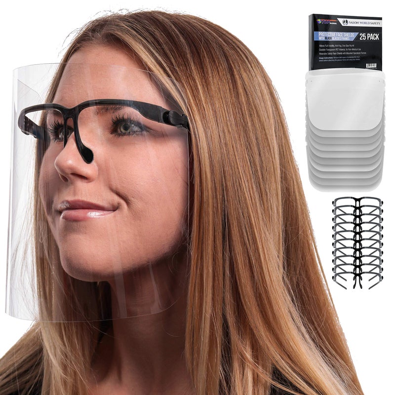TCP Global Salon World Safety Face Shields with Black Glasses Frames (Pack of 25) - Ultra Clear Protective Full Face Shields to Protect Eyes  Nose  Mouth - Anti-Fog PET Plastic  Goggles - Image 1